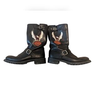 Vtg HARLEY-DAVIDSON Mens Black Leather Motorcycle Engineer Boots Embroider Sz 10